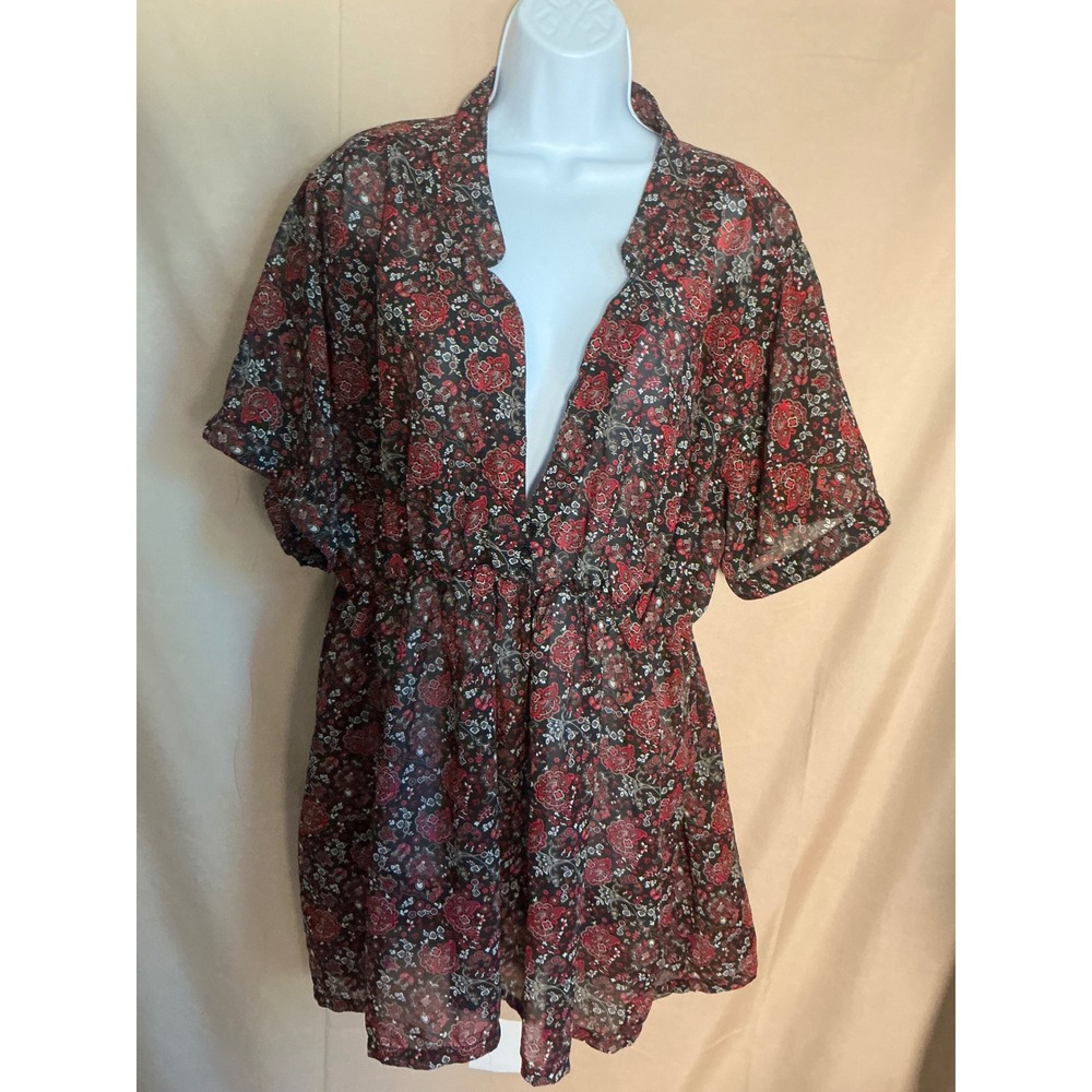 Okay Floral Paisley Chiffon Cover Up Top Womens 5XL Red Black Excellent Boho